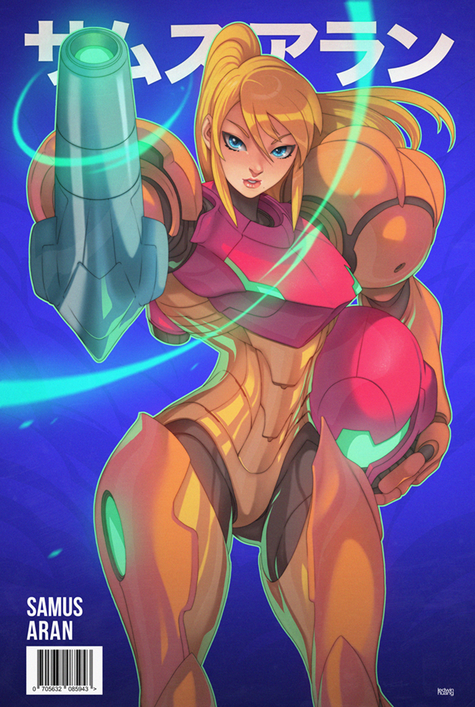 1girl arm_cannon blonde_hair blue_eyes character_name commentary cover cowboy_shot edwin_huang english_commentary fake_magazine_cover headwear_removed helmet helmet_removed lips long_hair magazine_cover metroid neon_trim ponytail power_suit samus_aran solo standing super_smash_bros. varia_suit weapon