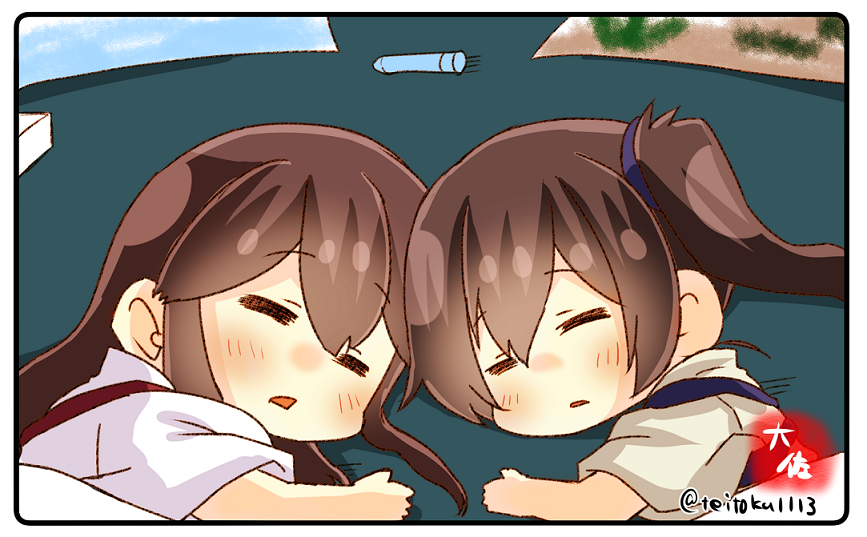 2girls akagi_(kantai_collection) artist_name brown_hair closed_eyes commentary_request crayon drawing japanese_clothes kaga_(kantai_collection) kantai_collection long_hair multiple_girls side_ponytail sleeping taisa_(kari) tasuki twitter_username upper_body