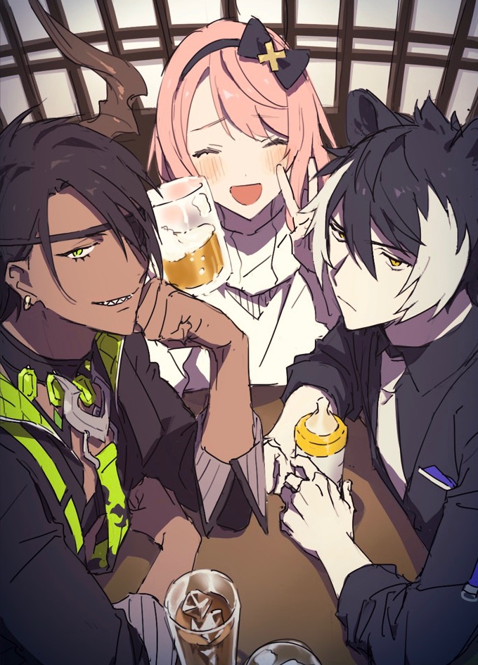 3boys :d ^_^ ^o^ alcohol animal_ears aragami_ouga arm_support baby_bottle bangs beer black_hair black_jacket black_shirt blush bottle closed_eyes closed_mouth cup dark_skin dark_skinned_male ear_piercing expressionless eyepatch green_eyes grin hairband half-closed_eyes hand_on_own_cheek holostars horn ice indoors jacket jewelry kageyama_shien looking_at_viewer male_focus multicolored_hair multiple_boys namakawa necktie one_eye_covered open_mouth otoko_no_ko piercing pink_hair pocket sharp_teeth shirt sitting sketch smile streaked_hair sweater table teeth tsukishita_kaoru v virtual_youtuber white_hair white_neckwear yellow_eyes