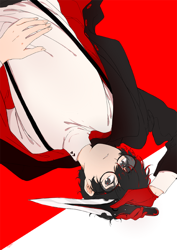 1boy amamiya_ren black-framed_eyewear black_eyes black_hair black_jacket glasses gloves hand_on_own_stomach holding holding_knife jacket knife long_sleeves looking_at_viewer lying male_focus on_back open_clothes open_jacket parted_lips persona persona_5 red_background red_gloves school_uniform shuujin_academy_uniform single_glove solo suspenders sweater upper_body upside-down white_sweater yasuu!