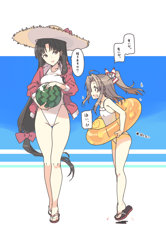 2girls alternate_costume black_hair brown_hair food fruit hair_ribbon hat innertube kantai_collection long_hair low-tied_long_hair multiple_girls nakadori_(movgnsk) ribbon sandals shouhou_(kantai_collection) straw_hat swimsuit translation_request very_long_hair watermelon zuihou_(kantai_collection)