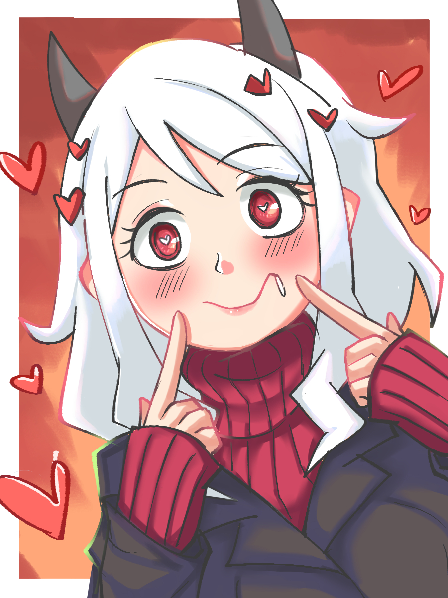 1girl black_horns blush demon_horns hands_up heart heart-shaped_pupils helltaker highres horns kuhn_(happycat) looking_at_viewer modeus_(helltaker) red_eyes red_sweater ribbed_sweater smile solo sweater symbol-shaped_pupils turtleneck turtleneck_sweater upper_body white_hair