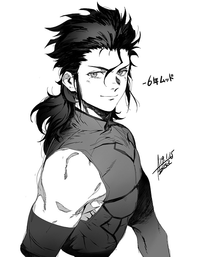 1boy alternate_costume alternate_hairstyle artist_name azusa_(hws) black_hair closed_mouth detached_sleeves diarmuid_ua_duibhne_(fate/grand_order) fate/grand_order fate/zero fate_(series) greyscale hair_between_eyes lancer_(fate/zero) long_hair looking_at_viewer male_focus mole mole_under_eye monochrome sketch smile solo toned toned_male upper_body white_background younger