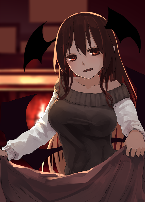 1girl :o alternate_costume bare_shoulders bat_wings blanket blurry blush breasts bright_pupils collarbone commentary_request depth_of_field eyebrows_visible_through_hair fang fire fireplace futatsuki_eru hair_between_eyes head_tilt head_wings holding_blanket koakuma large_breasts long_hair looking_at_viewer low_wings pointy_ears red_eyes redhead sweater touhou very_long_hair white_pupils wings