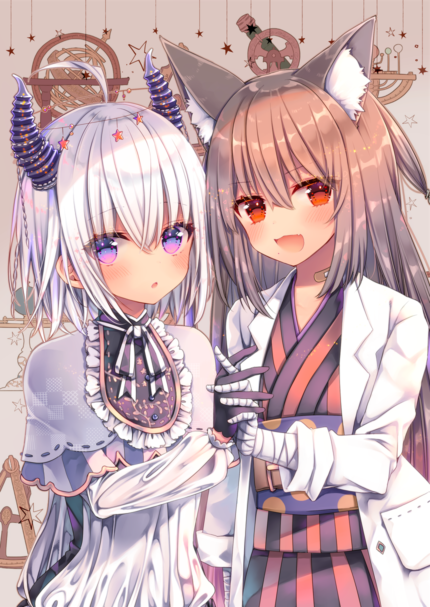 2girls :d ahoge animal_ear_fluff animal_ears bandaged_arm bandaged_hands bandages bandaid_on_neck bangs belt belt_buckle breasts brown_belt brown_hair buckle commentary_request dress eyebrows_visible_through_hair grey_capelet hair_between_eyes highres horns japanese_clothes kimono labcoat long_hair long_sleeves looking_at_viewer multiple_girls nemuri_nemu obi open_clothes open_mouth original parted_lips red_eyes sash silver_hair smile striped vertical-striped_kimono vertical_stripes very_long_hair violet_eyes white_dress