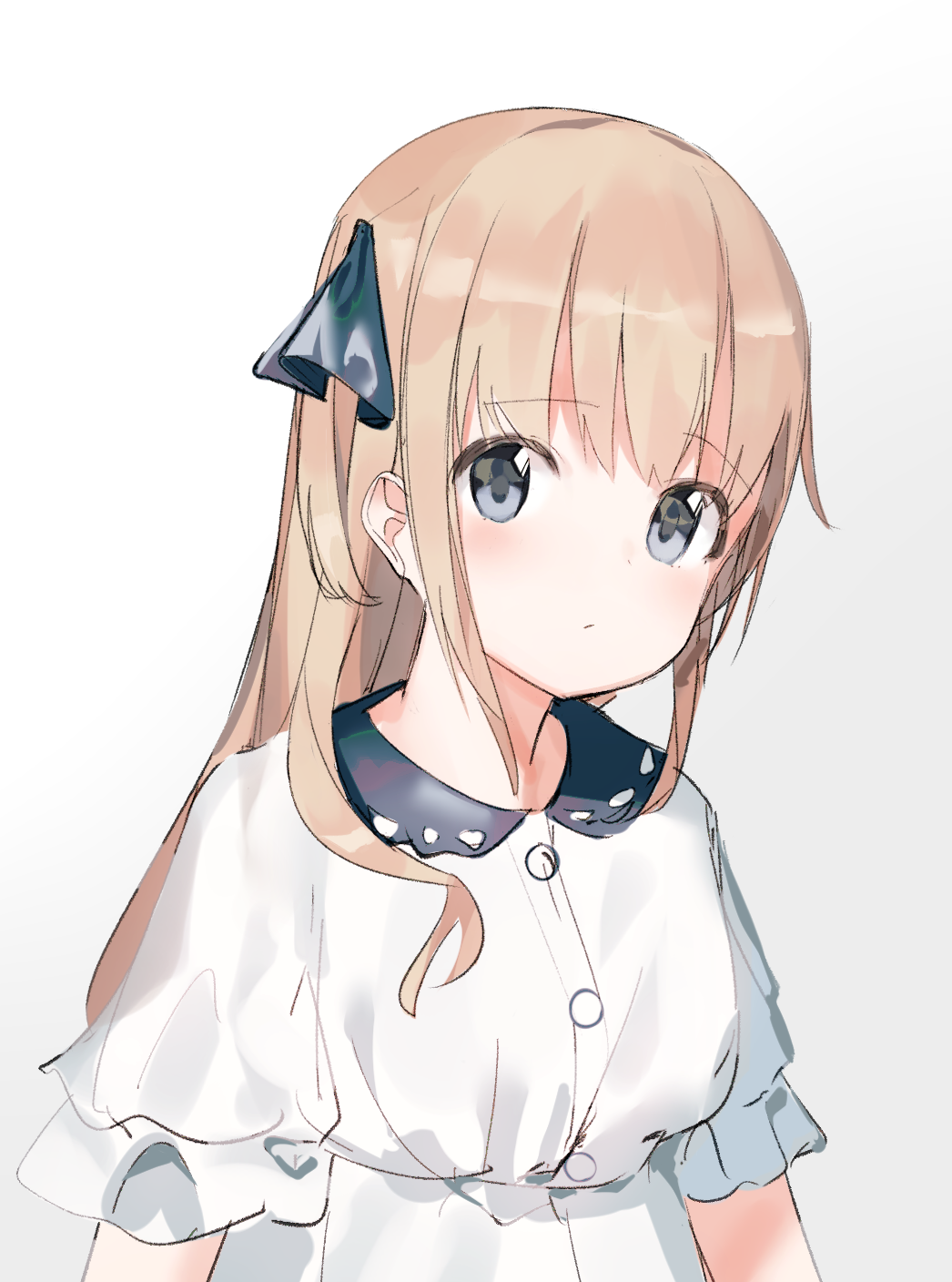 1girl black_ribbon closed_mouth collared_dress copyright_request dress gradient gradient_background grey_background grey_eyes hair_ribbon highres idemitsu light_brown_hair long_hair looking_at_viewer ribbon short_sleeves solo upper_body white_background white_dress