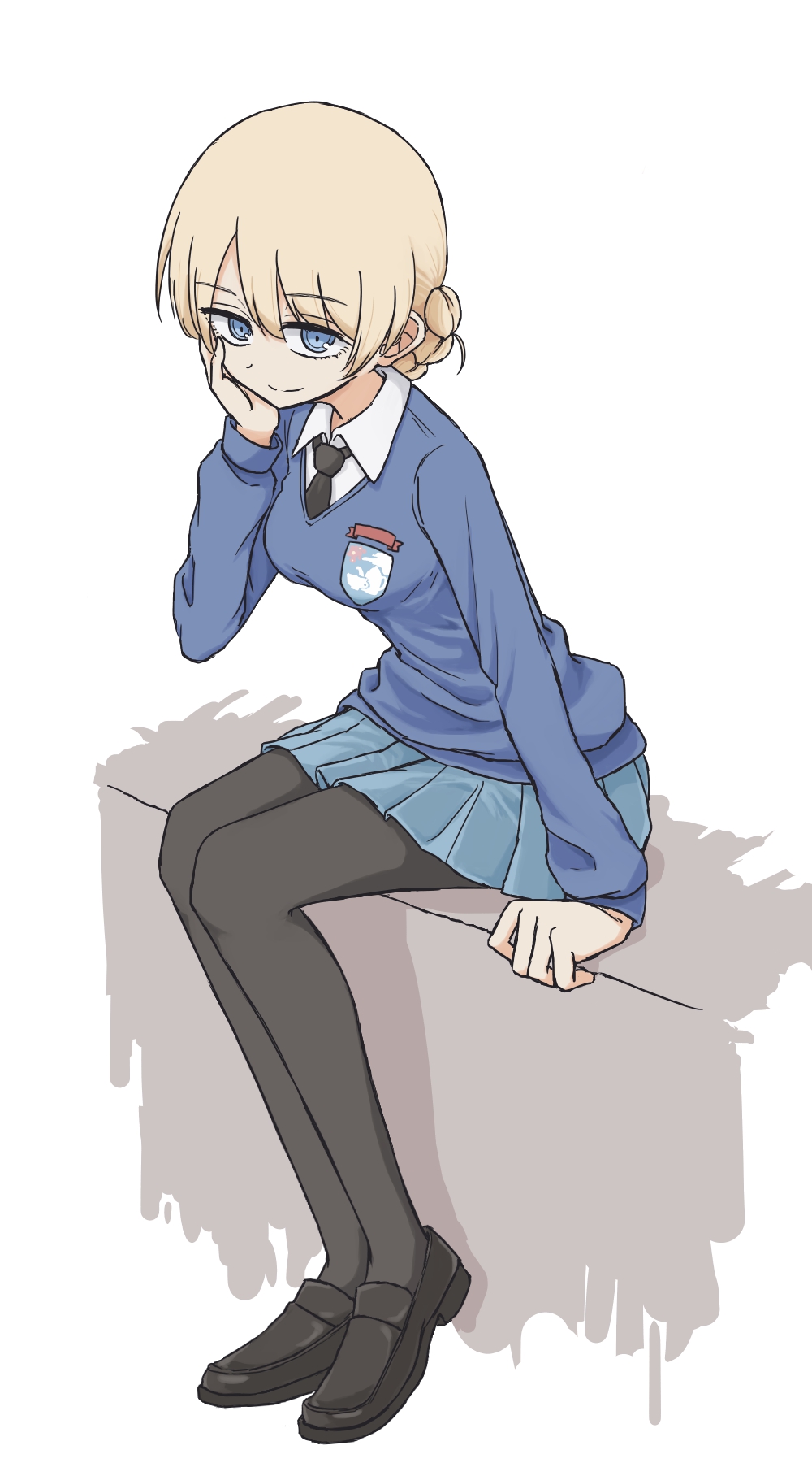 1girl bangs black_footwear black_legwear black_neckwear blonde_hair blue_eyes blue_skirt blue_sweater braid closed_mouth commentary darjeeling_(girls_und_panzer) dress_shirt emblem eyebrows_visible_through_hair full_body girls_und_panzer hand_on_own_face highres leaning_forward loafers long_sleeves looking_at_viewer miniskirt necktie pantyhose pleated_skirt school_uniform shirt shoes short_hair simple_background sitting skirt smile solo st._gloriana's_(emblem) st._gloriana's_school_uniform sweater takedabu tied_hair twin_braids v-neck white_background white_shirt wing_collar