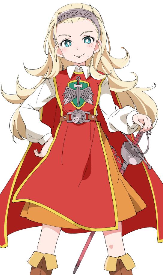 1girl anlucea blonde_hair blue_eyes blush boots brown_footwear cape closed_mouth dragon_quest dragon_quest_x hairband ixy long_hair long_sleeves looking_at_viewer red_cape simple_background smile solo standing sword weapon white_background white_sleeves