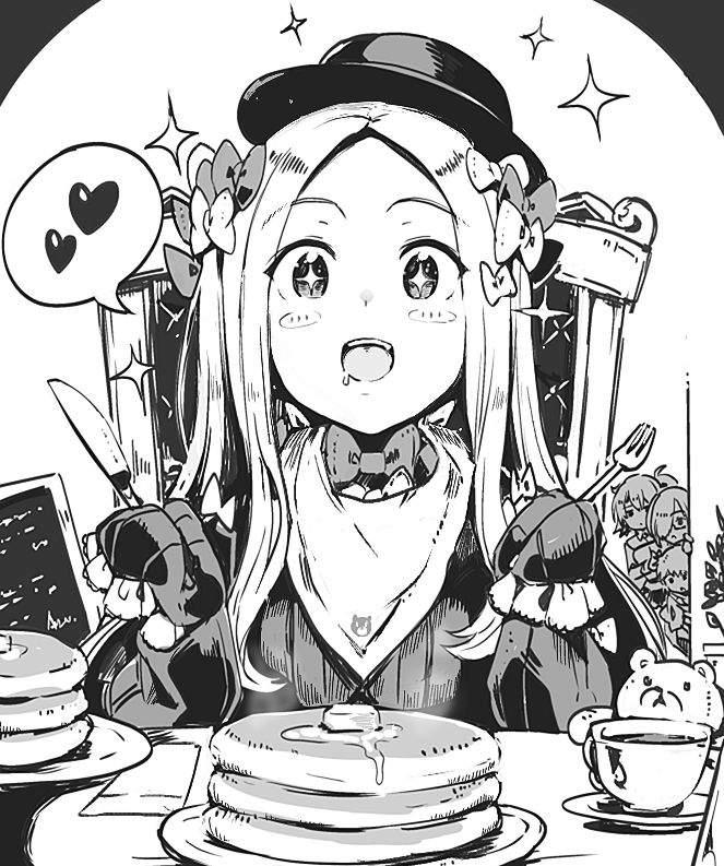 abigail_williams_(fate/grand_order) bangs black_dress black_headwear blush blush_stickers bow breasts butter chair cup dress drooling fate/grand_order fate_(series) food forehead fork fujimaru_ritsuka_(female) greyscale hair_bow hat heart knife long_hair long_sleeves mash_kyrielight monochrome multiple_bows open_mouth pancake parted_bangs plate ribbed_dress sitting sleeves_past_fingers sleeves_past_wrists small_breasts smile sparkle spoken_heart stuffed_animal stuffed_toy sumisu_(mondo) teacup teddy_bear