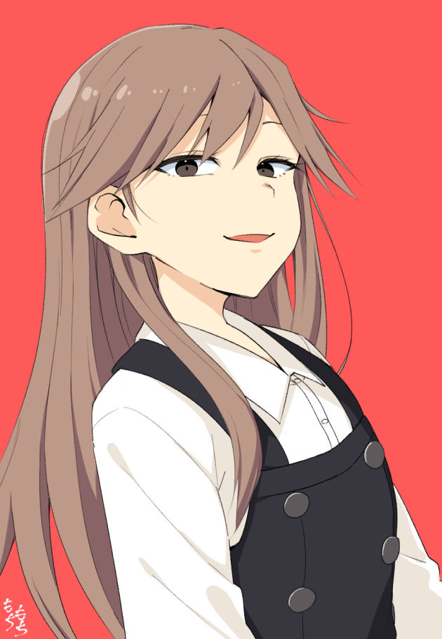 1girl arashio_(kantai_collection) artist_name brown_eyes brown_hair dress kantai_collection long_hair long_sleeves looking_at_viewer moti_coi open_mouth pinafore_dress red_background remodel_(kantai_collection) shirt simple_background smile solo upper_body white_shirt