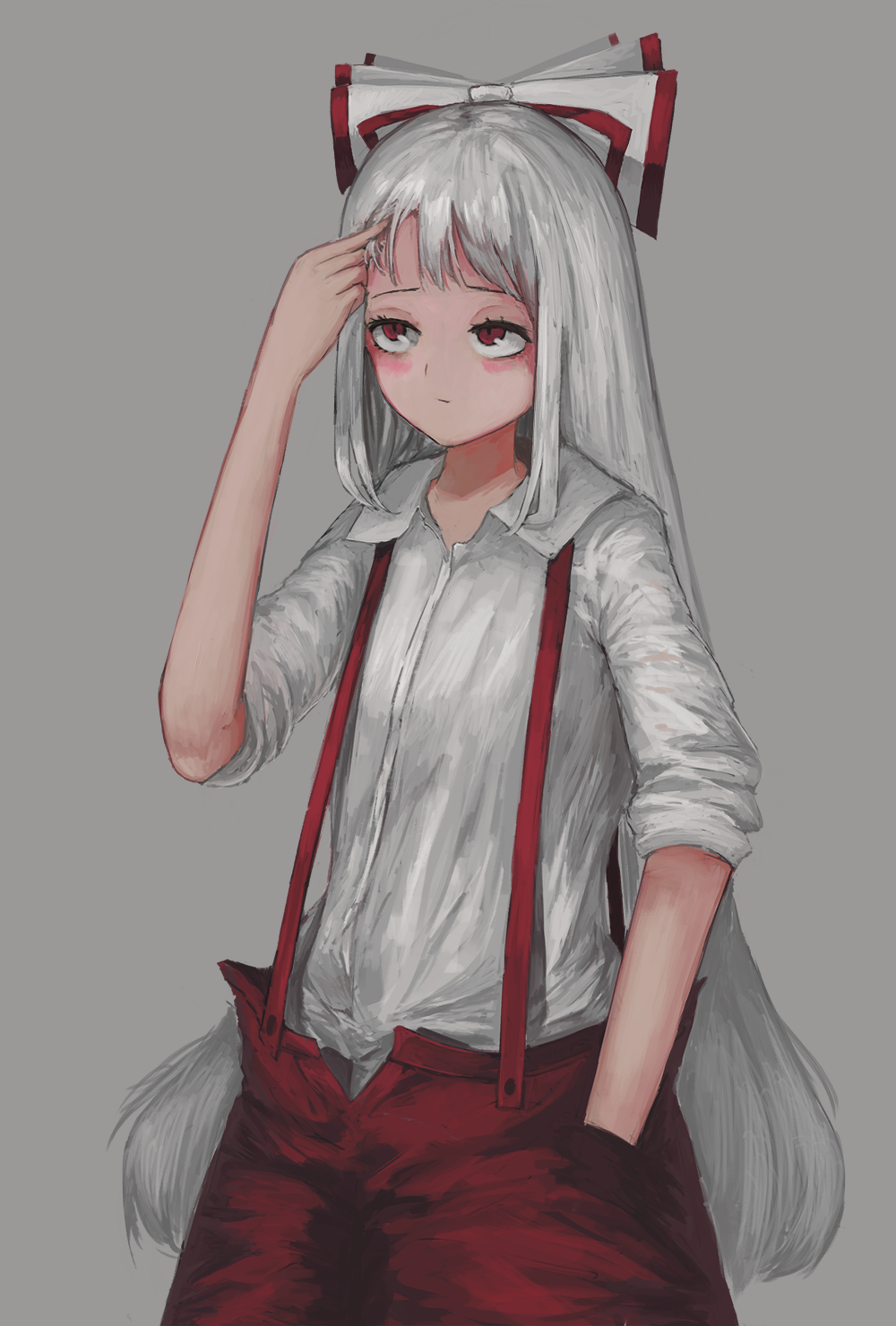 1girl arm_up baggy_pants bangs bow closed_mouth collared_shirt commentary_request fjsmu fujiwara_no_mokou grey_background hair_bow hand_in_pocket highres long_hair long_sleeves looking_up pants red_eyes red_pants shirt sidelocks silver_hair simple_background sleeves_pushed_up solo standing suspenders touhou very_long_hair white_bow white_shirt