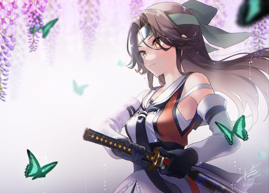 1girl bare_shoulders black_gloves black_neckwear brown_eyes brown_hair bug butterfly dated detached_sleeves eyebrows_visible_through_hair flower gloves hair_intakes half_updo insect jintsuu_(kantai_collection) kantai_collection katana koruri long_hair neckerchief purple_flower remodel_(kantai_collection) sailor_collar sarashi school_uniform serafuku sheath signature solo sword twitter_username upper_body weapon white_sailor_collar wisteria