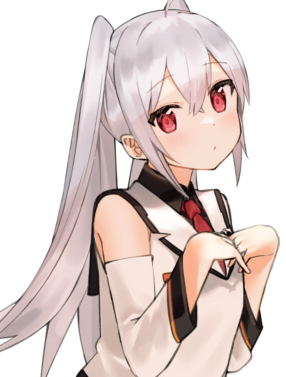 1girl bangs bare_shoulders black_shirt blush closed_mouth collared_shirt detached_sleeves eyebrows_visible_through_hair hair_between_eyes hands_up highres idemitsu isla_(plastic_memories) jacket long_hair necktie plastic_memories red_eyes red_neckwear shirt sidelocks silver_hair simple_background sleeveless sleeveless_jacket solo twintails upper_body very_long_hair white_background white_jacket white_sleeves