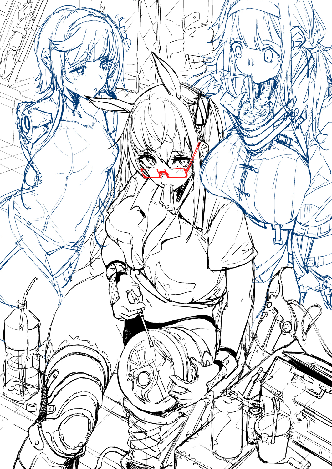 3girls animal_ears bottle breasts defender_(girls_frontline) drinking drinking_straw flower girls_frontline glasses hair_flower hair_ornament highres iapoc js_9_(girls_frontline) large_breasts long_hair mechanical_parts multiple_girls repairing short_hair sketch small_breasts toolbox tools type_88_(girls_frontline)