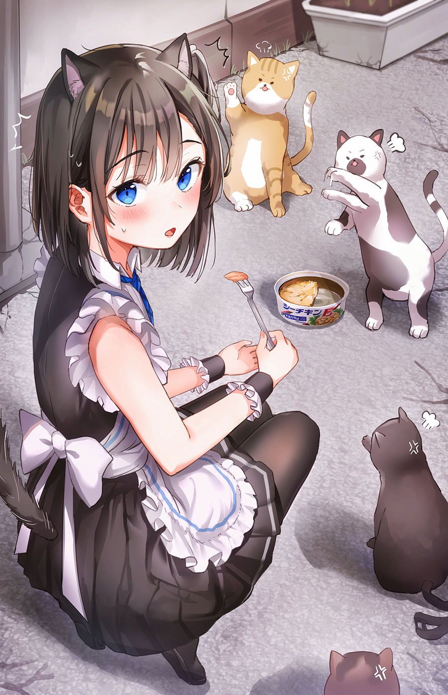 1girl anger_vein angry animal_ear_fluff animal_ears apron black_footwear black_legwear black_skirt blue_eyes blue_neckwear brown_hair cat cat_ears cat_food cat_tail collared_shirt commentary_request day eyebrows_visible_through_hair fork frilled_apron frills highres holding holding_fork looking_at_viewer medium_hair necktie open_mouth original outdoors pantyhose pleated_skirt rangu ribbon shadow shirt skirt sleeveless sleeveless_shirt squatting surprised sweatdrop tail tail_raised tiptoes white_apron white_ribbon wrist_cuffs