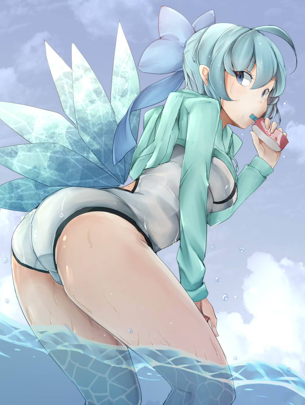 1girl ahoge alternate_costume aqua_hair ass bow cirno day drinking drinking_straw dripping from_side green_hoodie hair_bow hand_up highres hood hood_down hoodie hoodie_lift ice ice_wings jyaoh0731 leaning_forward long_sleeves looking_at_viewer looking_to_the_side one-piece_swimsuit outdoors short_hair solo swimsuit swimsuit_under_clothes touhou wading water wet wet_clothes wet_face wet_hair wings