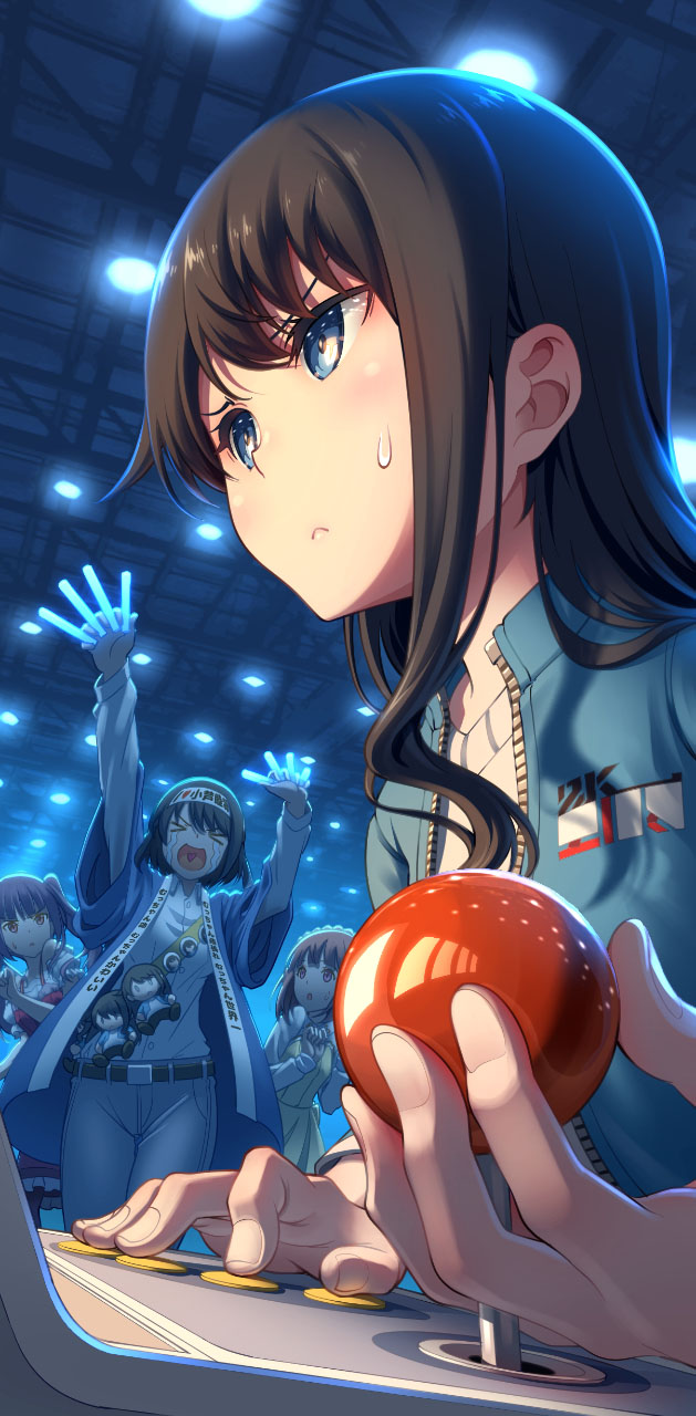 &gt;_&lt; 4girls :&lt; aikawa_aika alice_gear_aegis badge belt blue_eyes blue_jacket blush brown_hair closed_mouth commentary_request controller denim doll dress eyebrows_behind_hair fan_b game_controller gamepad glowstick headband heart heart_in_mouth highres ichijou_ayaka jacket jeans koashi_mutsumi multiple_girls open_mouth orange_hair pants pinakes pressing purple_hair red_dress stage_lights sweat tears twintails yellow_dress yellow_eyes