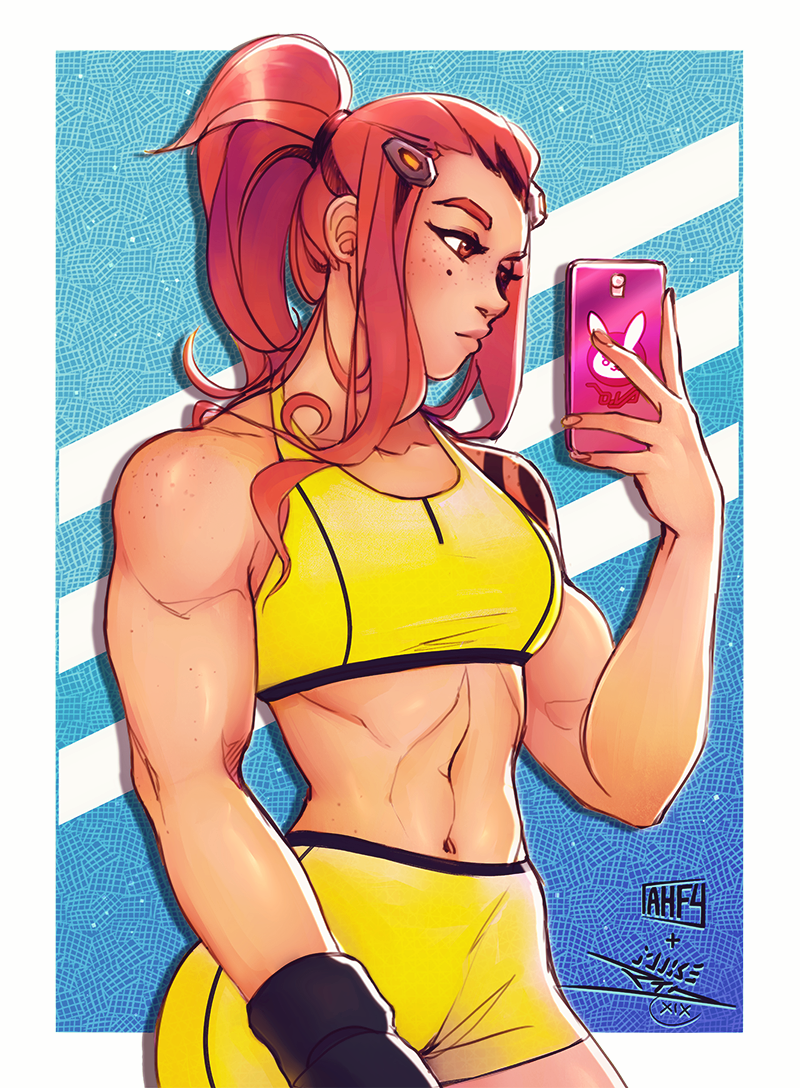 1girl artist_name biceps bike_shorts border brigitte_(overwatch) brown_eyes brown_hair cellphone collaboration forehead freckles gloves hair_ornament hairclip holding holding_phone iahfy lips long_hair messy_hair muscle muscular_female navel outside_border overwatch phone ponytail self_shot shorts shoulder_tattoo sidelocks single_glove smartphone sports_bra stomach taking_picture tattoo thick_eyebrows vashperado white_border yellow_shorts yellow_sports_bra