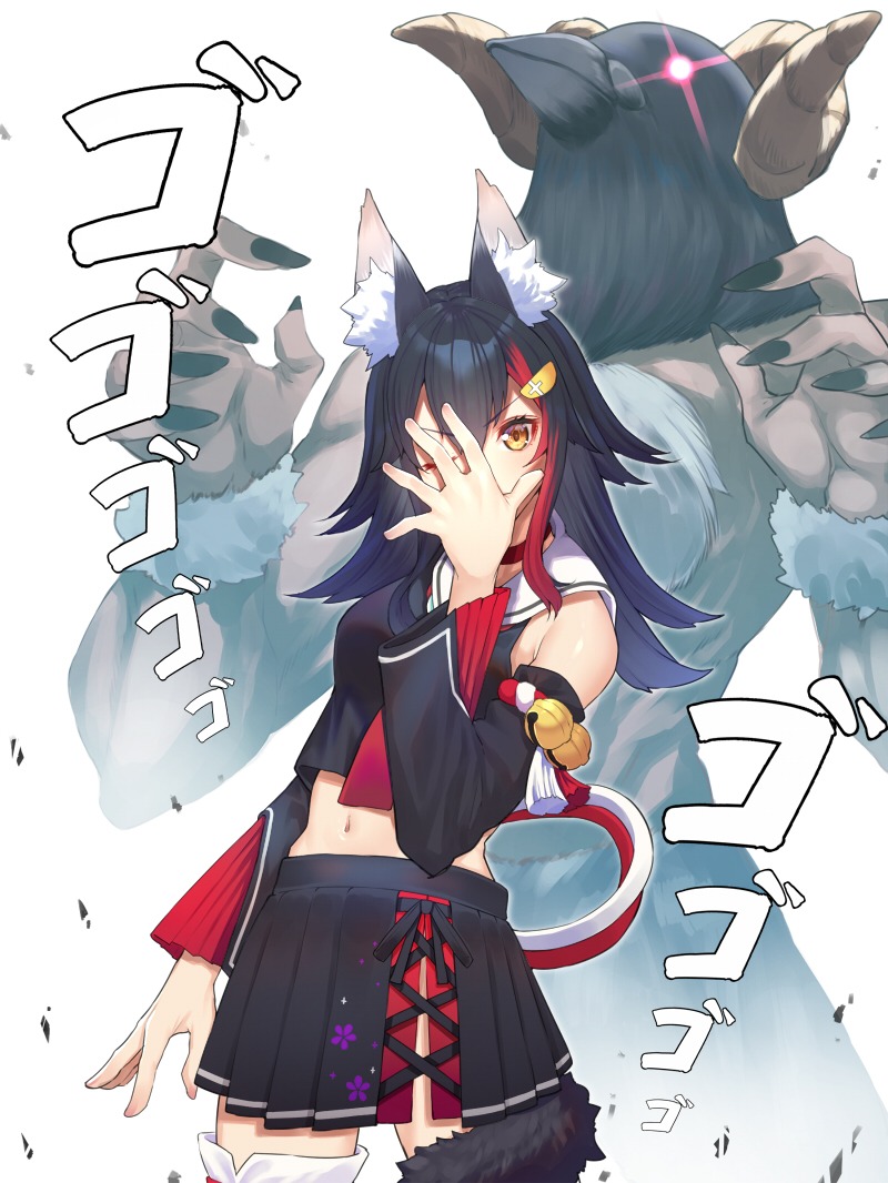 1girl animal_ear_fluff animal_ears bare_shoulders bird black_choker black_hair black_skirt breasts choker commentary_request detached_sleeves eyebrows_visible_through_hair flipped_hair hair_ornament hairclip hololive jojo_no_kimyou_na_bouken long_hair long_sleeves looking_at_viewer medium_breasts menacing_(jojo) mikan_(chipstar182) multicolored_hair navel ookami_mio open_mouth pleated_skirt redhead simple_background skirt streaked_hair tail very_long_hair virtual_youtuber white_background wolf_ears wolf_tail yellow_eyes
