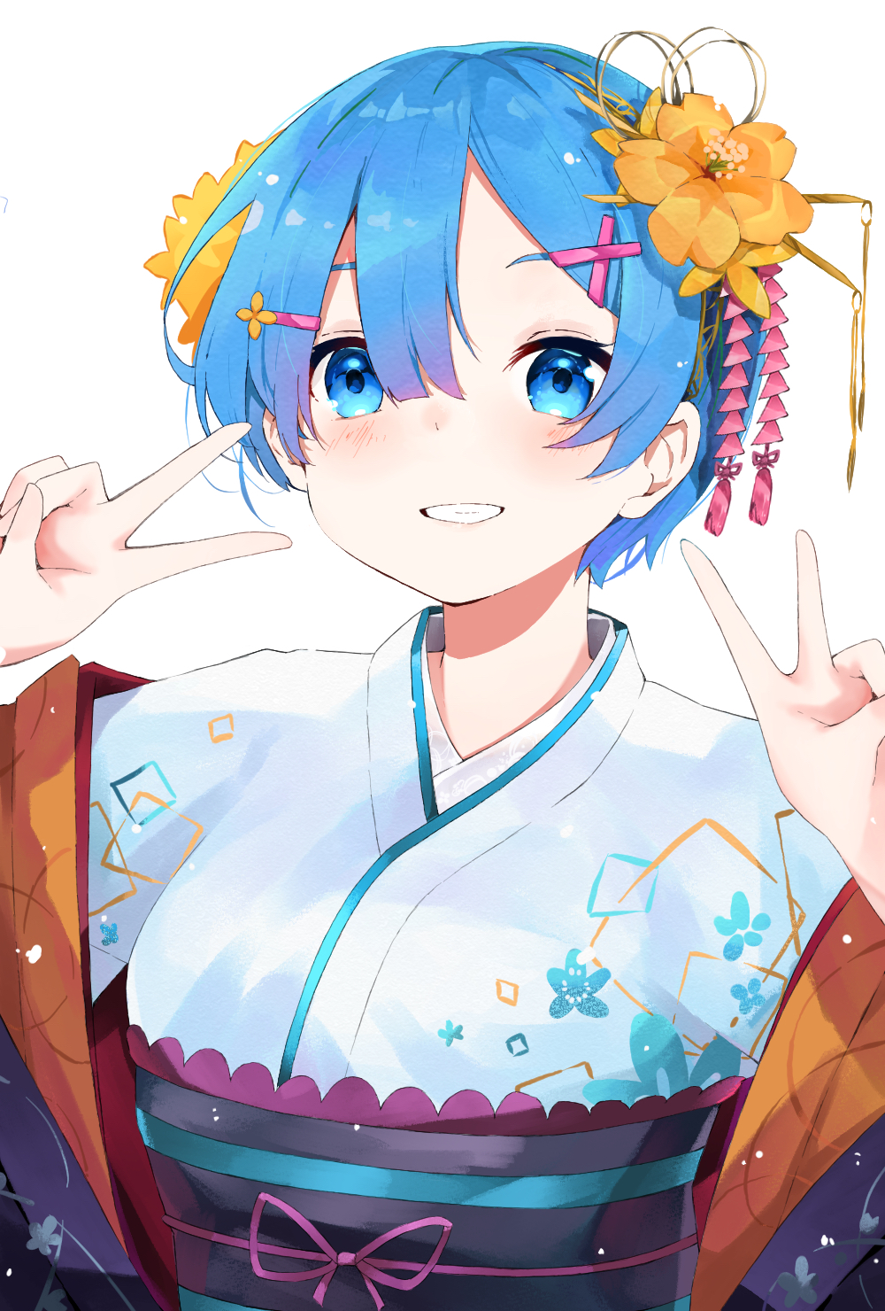 1girl bangs blue_eyes blush breasts commentary double_v flower hair_flower hair_ornament highres japanese_clothes kimono large_breasts looking_at_viewer medium_breasts orange_flower parted_lips pink_ribbon re:zero_kara_hajimeru_isekai_seikatsu rem_(re:zero) ribbon shiro_(koob173) simple_background smile solo upper_body v white_background wide_sleeves x_hair_ornament