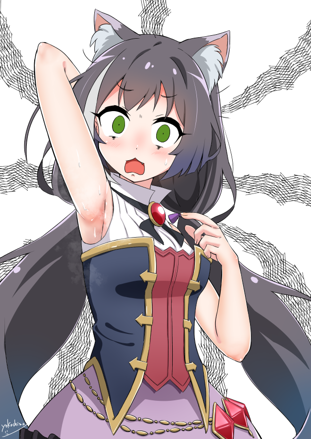 1girl animal_ear_fluff animal_ears arm_up armpits bangs bare_arms black_hair cat_ears cat_girl constricted_pupils eyebrows_visible_through_hair fang green_eyes karyl_(princess_connect!) long_hair looking_at_viewer low_twintails open_mouth princess_connect! princess_connect!_re:dive purple_skirt shirt sidelocks simple_background skirt sleeveless sleeveless_shirt solo twintails white_background white_hair white_shirt yokoshima_(euphoria)