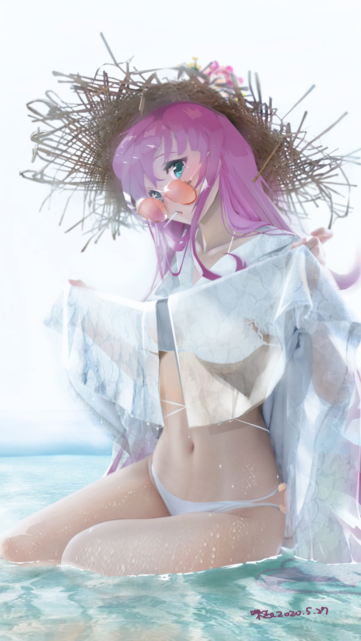 1girl aqua_eyes azitama_atsushi_(attyuu) azur_lane bare_shoulders bikini bikini_under_clothes blush breasts chanel dress eyebrows_visible_through_hair flower hair_between_eyes hat hat_flower highres in_water large_breasts lifted_by_self long_hair navel open_mouth pink_hair see-through sitting solo straw_hat sun_hat sunglasses surcouf_(azur_lane) surcouf_(loisirs_balneaires)_(azur_lane) swimsuit very_long_hair water_drop wet wet_clothes wet_dress white_bikini white_dress