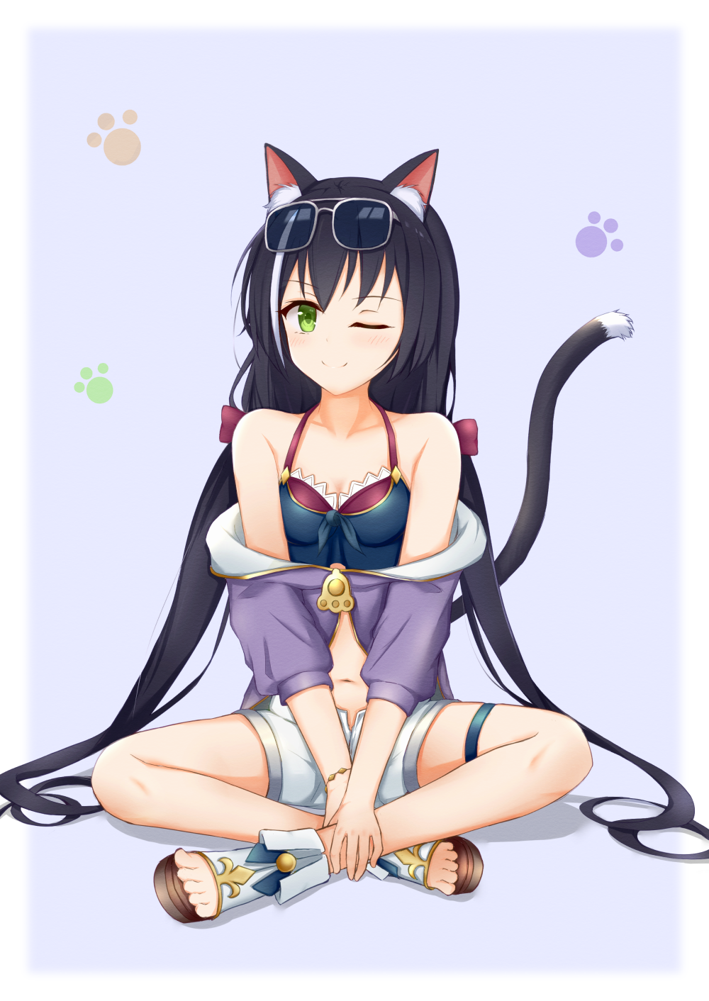 1girl animal_ear_fluff animal_ears bangs bare_shoulders black_hair blue_background blush breasts cat_ears cat_girl cat_tail collarbone commentary eyebrows_visible_through_hair green_eyes highres karyl_(princess_connect!) kuronuketaiyo long_hair looking_at_viewer low_twintails multicolored_hair navel off-shoulder_jacket off_shoulder open_clothes open_shorts paw_print princess_connect! princess_connect!_re:dive short_shorts shorts simple_background sitting smile solo streaked_hair swimsuit tail twintails very_long_hair white_hair