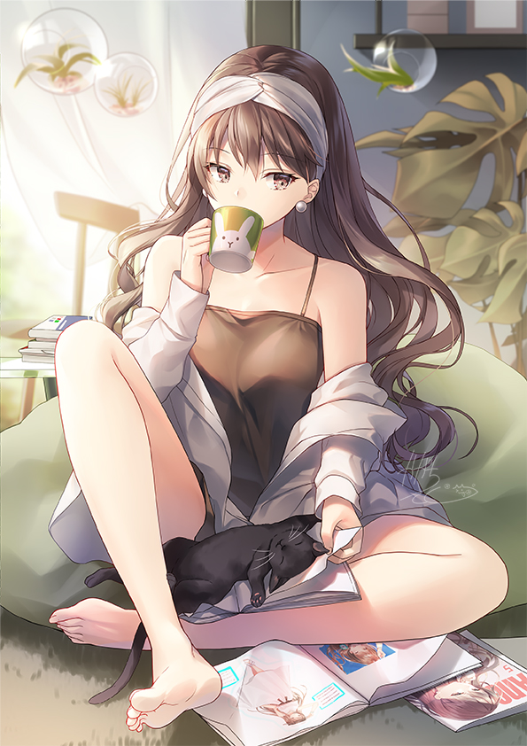 1girl bangs bare_shoulders barefoot bean_bag_chair black_camisole black_cat blush book breasts brown_eyes brown_hair bubble cat coffee_mug collarbone cup drinking earrings feet indian_style jewelry kagachi_saku legs long_hair long_sleeves looking_at_viewer magazine medium_breasts mug off_shoulder open_book open_clothes open_shirt original shirt sitting solo white_shirt