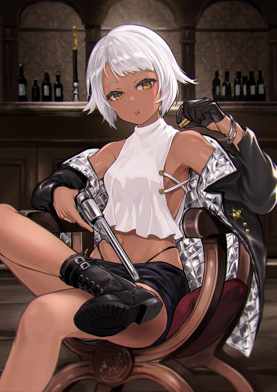 1girl bangle bangs black_gloves black_skirt boots bracelet breasts bullet crop_top crossed_legs dark_skin deca_purio gloves gun handgun highleg highres holding holding_bullet holding_gun holding_weapon jewelry midriff miniskirt navel no_bra off-shoulder_jacket original petite pistol revolver short_hair sideboob single_glove sitting skirt sleeveless sleeveless_turtleneck small_breasts solo swept_bangs toned trigger_discipline turtleneck weapon white_hair yellow_eyes