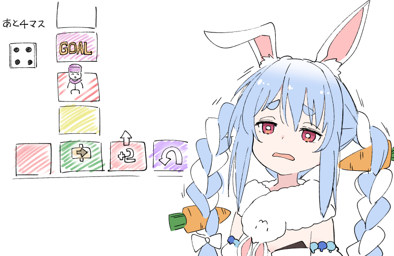 1boy 1girl animal_ears blue_hair board_game braid bunny_girl carrot_hair_ornament commentary dragon_quest dragon_quest_v food_themed_hair_ornament gameplay_mechanics hair_ornament hero_(dq5) hololive ixy long_hair multicolored_hair open_mouth rabbit_ears scarf simple_background sketch tired translated twin_braids upper_body usada_pekora virtual_youtuber white_background white_hair