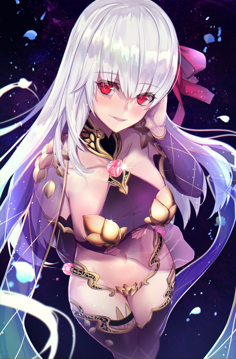 1girl armlet armor bangs bikini_armor blush bracelet breasts collar detached_sleeves dress earrings fate/grand_order fate_(series) floral_print flower hair_ribbon highres jewelry kama_(fate/grand_order) large_breasts long_hair looking_at_viewer lotus metal_collar navel parted_lips pelvic_curtain petals purple_dress purple_legwear purple_sleeves red_eyes ribbon ring silver_hair smile thigh-highs thighlet thighs untsue