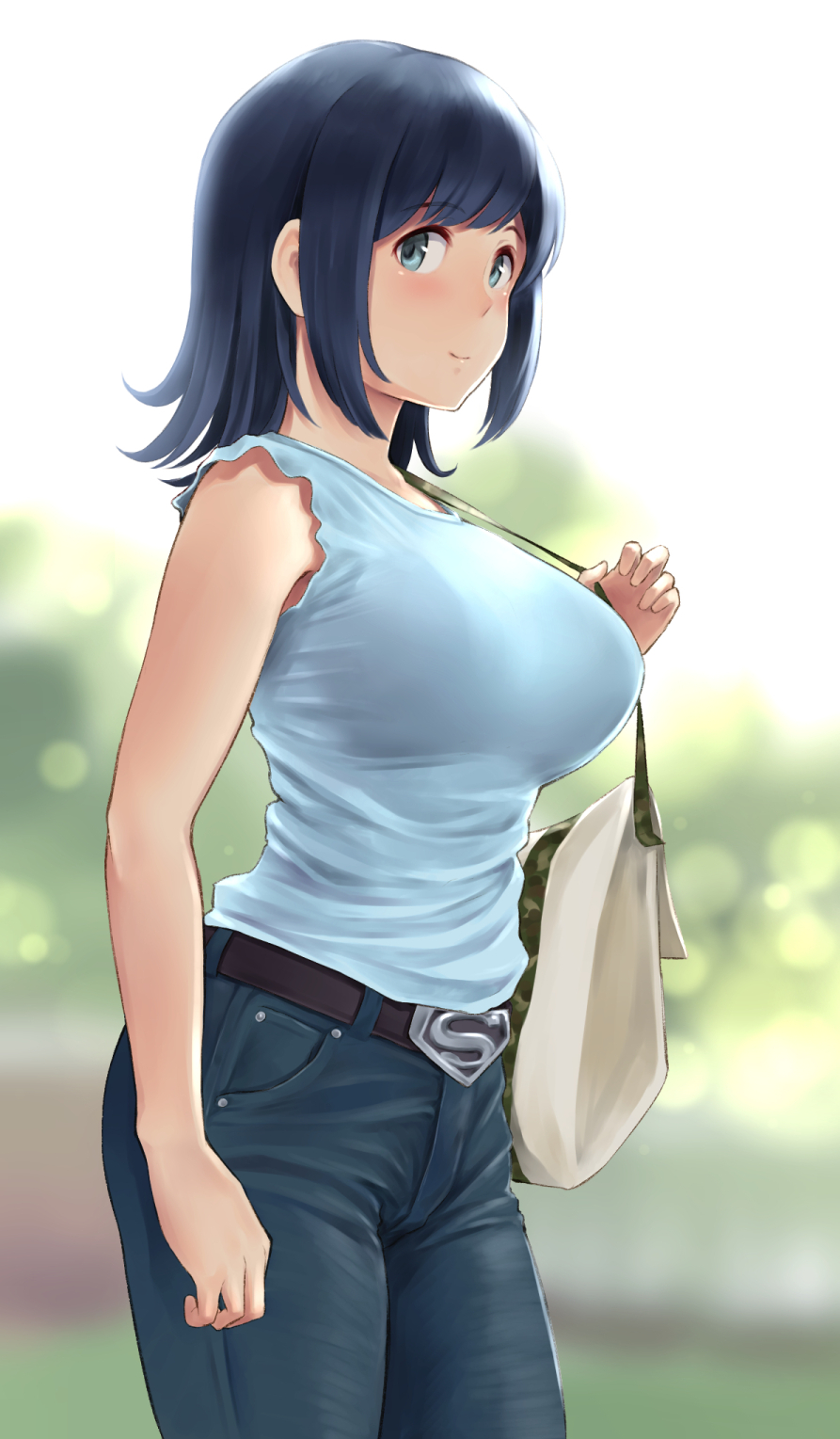 1girl bag bangs blue_hair blue_pants blue_shirt blush breasts denim green_eyes highres jeans kantai_collection large_breasts long_hair looking_at_viewer pants shirt short_sleeves shoulder_bag smile souryuu_(kantai_collection) swept_bangs wa_(genryusui)