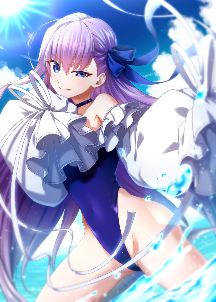 1girl bangs bare_shoulders blue_eyes blue_ribbon blue_sky blush breasts choker closed_mouth collarbone fate/grand_order fate_(series) frills greaves hair_ribbon highleg highleg_swimsuit licking_lips long_hair long_sleeves looking_at_viewer meltryllis meltryllis_(swimsuit_lancer)_(fate) nina_(pastime) ocean off-shoulder_swimsuit one-piece_swimsuit prosthesis prosthetic_leg puffy_sleeves purple_hair ribbon sky sleeves_past_fingers sleeves_past_wrists small_breasts smile splashing sunlight swimsuit thighs tongue tongue_out very_long_hair water white_ribbon