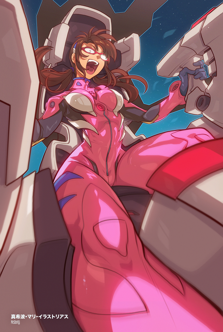 1girl bodysuit breasts brown_hair cockpit controller edwin_huang evangelion:_2.0_you_can_(not)_advance glasses hairband highres interface_headset joystick long_hair low_twintails makinami_mari_illustrious medium_breasts motion_blur neon_genesis_evangelion open_mouth pink_bodysuit plugsuit rebuild_of_evangelion red-framed_eyewear revision shouting solo test_plugsuit twintails