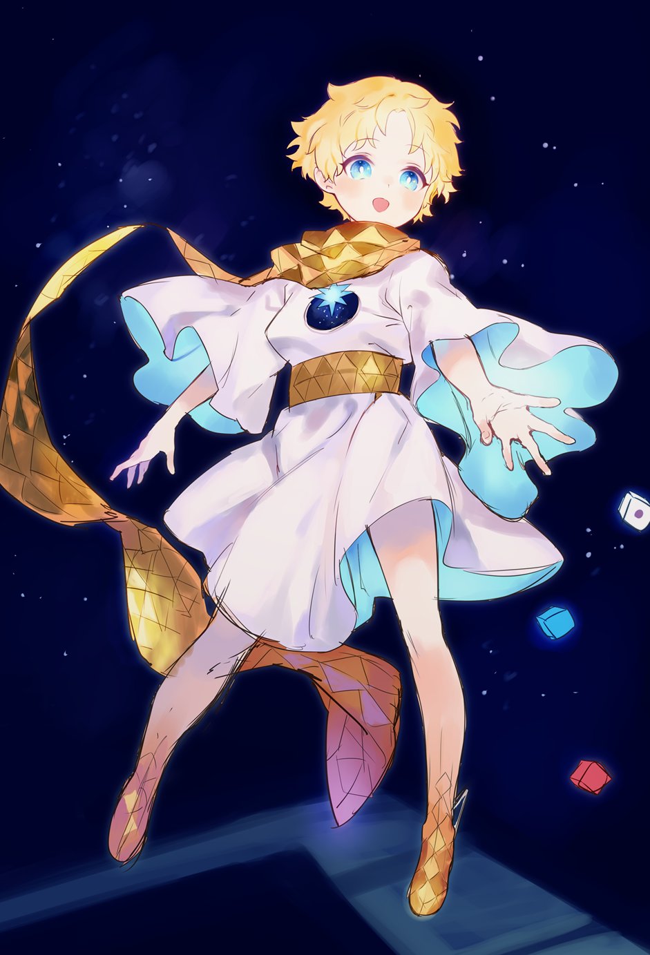 1boy baggy_clothes bangs blonde_hair blue_eyes blush bright_pupils eyebrows_visible_through_hair fate/grand_order fate_(series) full_body glowing highres male_focus open_mouth parted_bangs robe scarf short_sleeves simple_background sky smile solo space star star_(sky) starry_background starry_sky tetsu_(teppei) voyager_(fate/requiem) yellow_scarf