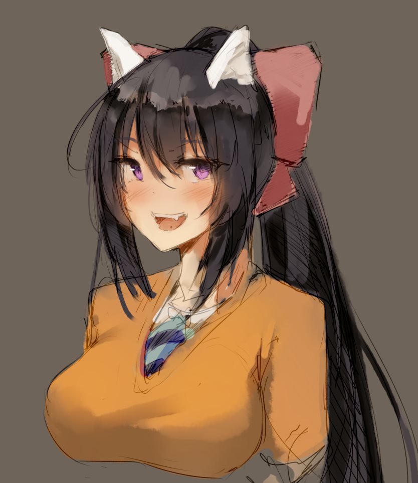 1girl :d animal_ears black_hair blue_neckwear blush bow breasts brown_background cat_ears copyright_request dot_nose fang hair_between_eyes hair_bow large_breasts long_hair looking_at_viewer necktie noccu open_mouth ponytail red_bow simple_background smile solo sweater upper_body violet_eyes yellow_sweater