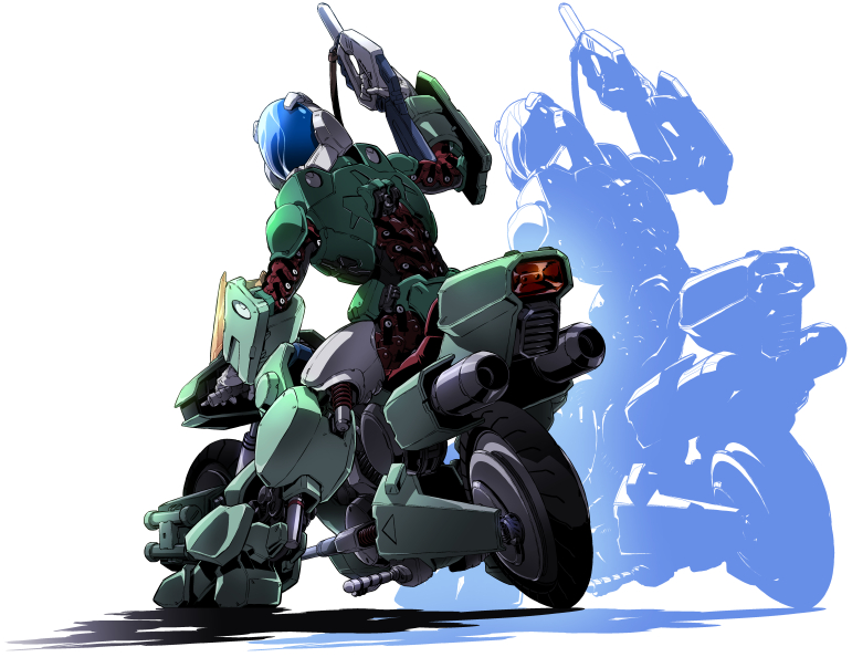 body_armor dual_persona energy_gun exhaust_pipe exoskeleton gloves ground_vehicle helmet kikou_souseiki_mospeada lights machinery mecha missile_pod mospeada mospeada_(mecha) motor_vehicle motorcycle power_armor redesign riding science_fiction shadow shiny solo tire user_laf4537 visor weapon