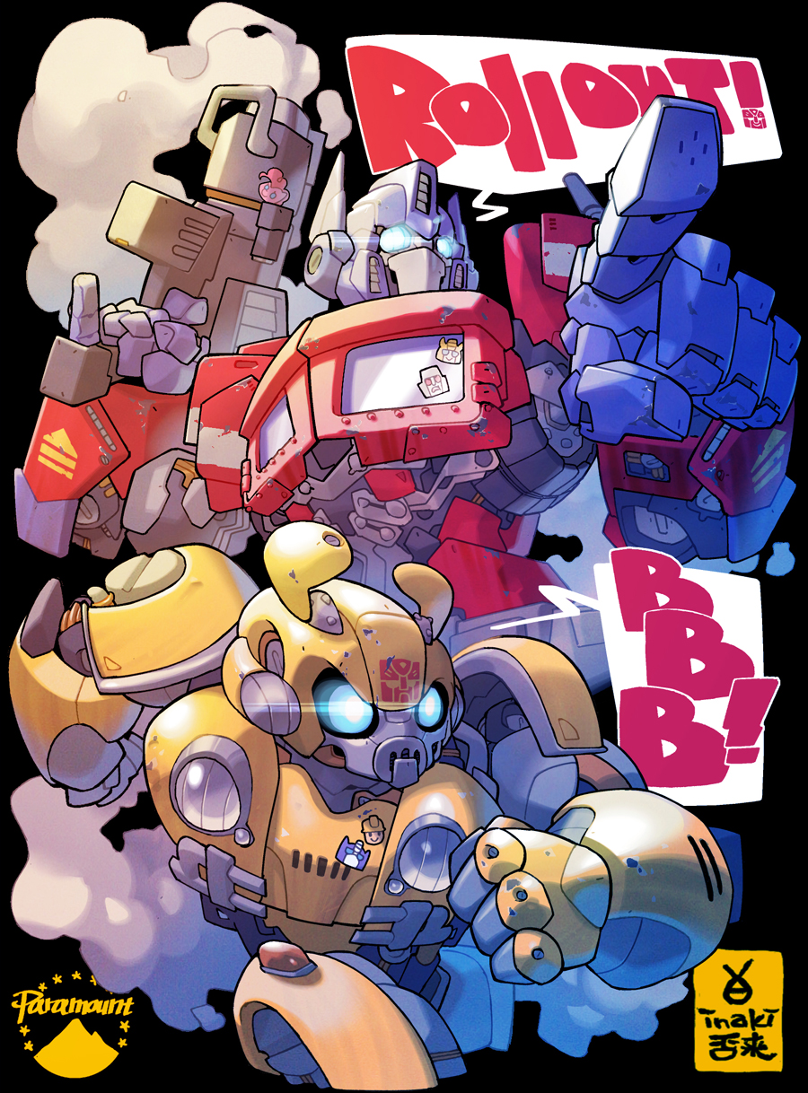 autobot blue_eyes bumblebee bumblebee_(film) chibi clenched_hands english_text glowing glowing_eyes highres inaki_shinrou mecha no_humans optimus_prime pointing robot speech_bubble transformers