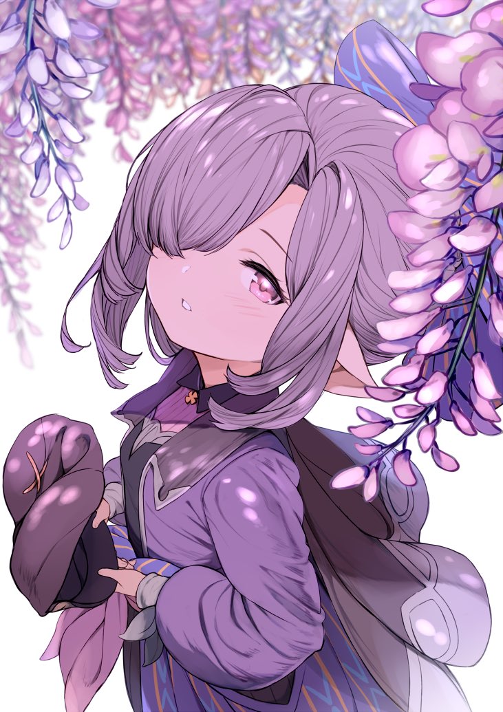 1girl feff672166 flower granblue_fantasy hair_over_one_eye harvin hat hat_removed headwear_removed nio_(granblue_fantasy) pointy_ears ponytail purple_hair violet_eyes white_background wisteria