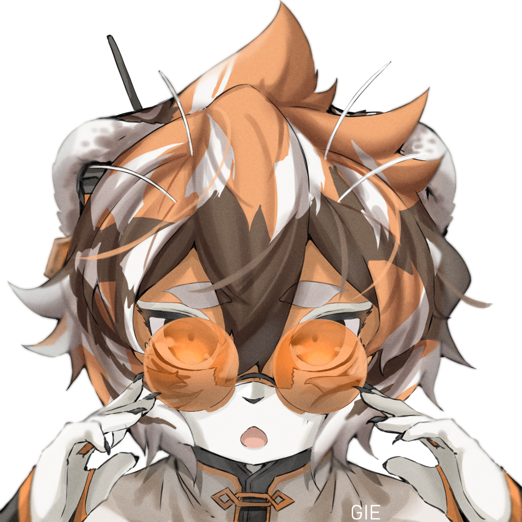 1girl animal_ears arknights artist_name china_dress chinese_clothes claws dress furry gie glasses multicolored_hair nail_polish open_mouth orange_eyes round_eyewear snout streaked_hair tiger_ears tiger_girl tiger_stripes waai_fu_(arknights) white_fur