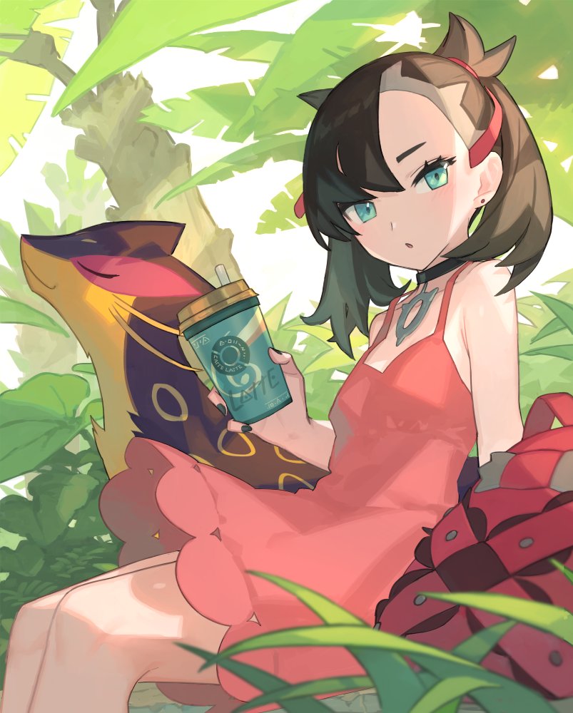 1girl :o arm_support asymmetrical_bangs bangs black_hair black_nails breasts choker chorefuji coffee_cup commentary_request cup disposable_cup dress ear earrings eyelashes gen_5_pokemon green_eyes holding holding_cup jewelry liepard looking_at_viewer looking_to_the_side mary_(pokemon) medium_hair pink_dress pokemon pokemon_(creature) pokemon_(game) pokemon_swsh shadow sitting