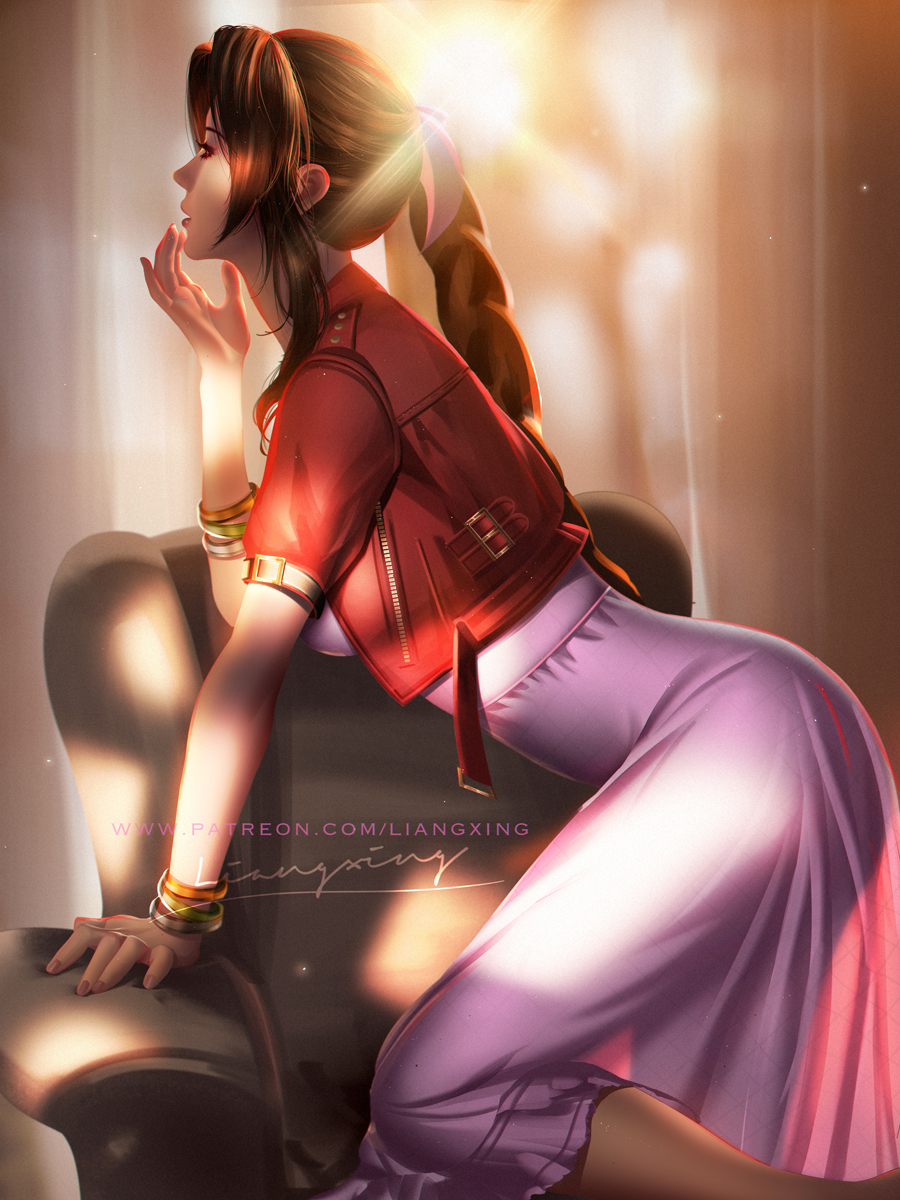 1girl aerith_gainsborough arm_up armchair bangle bare_legs bare_shoulders blurry bracelet breasts brown_hair chair cropped_jacket depth_of_field dress feet_out_of_frame final_fantasy final_fantasy_vii highres indoors jacket jewelry leaning_forward lens_flare liang_xing long_hair looking_afar medium_breasts necklace open_clothes open_jacket parted_lips pink_dress ponytail profile sidelocks signature solo sunlight watermark web_address