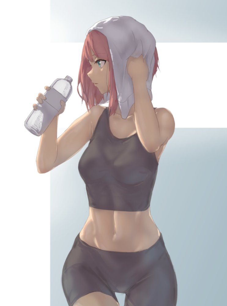 1girl ark_royal_(kantai_collection) bangs bike_shorts blue_eyes bob_cut bottle breasts eyebrows_visible_through_hair holding kantai_collection medium_breasts navel parted_lips profile redhead short_hair simple_background solo sports_bra sportswear towel towel_on_head tsukira_(amayadori) water_bottle