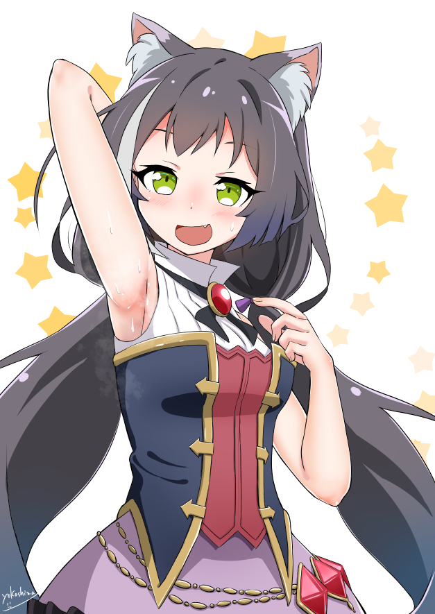 1girl animal_ear_fluff animal_ears arm_up armpits bangs bare_arms black_hair cat_ears cat_girl fang green_eyes karyl_(princess_connect!) long_hair looking_at_viewer low_twintails open_mouth princess_connect! princess_connect!_re:dive purple_skirt shirt sidelocks simple_background skirt sleeveless sleeveless_shirt solo star sweatdrop twintails white_background white_hair white_shirt yokoshima_(euphoria)