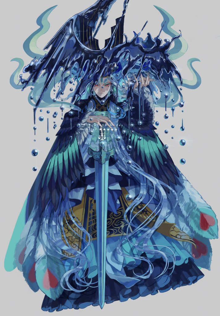 1other androgynous arm_up armor blue_hair chinese_clothes closed_mouth colored_eyelashes copyright_name english_text eyeshadow fabulous fate/grand_order fate_(series) feather-trimmed_sleeves fighting_stance fingernails forehead_jewel full_body grey_background hair_ornament holding liquid long_fingernails long_hair looking_at_viewer makeup mercury_(element) multicolored_hair peacock_feathers planted_sword planted_weapon qin_shi_huang_(fate/grand_order) red_eyes rototo simple_background solo standing sword two-tone_hair very_long_hair weapon white_hair