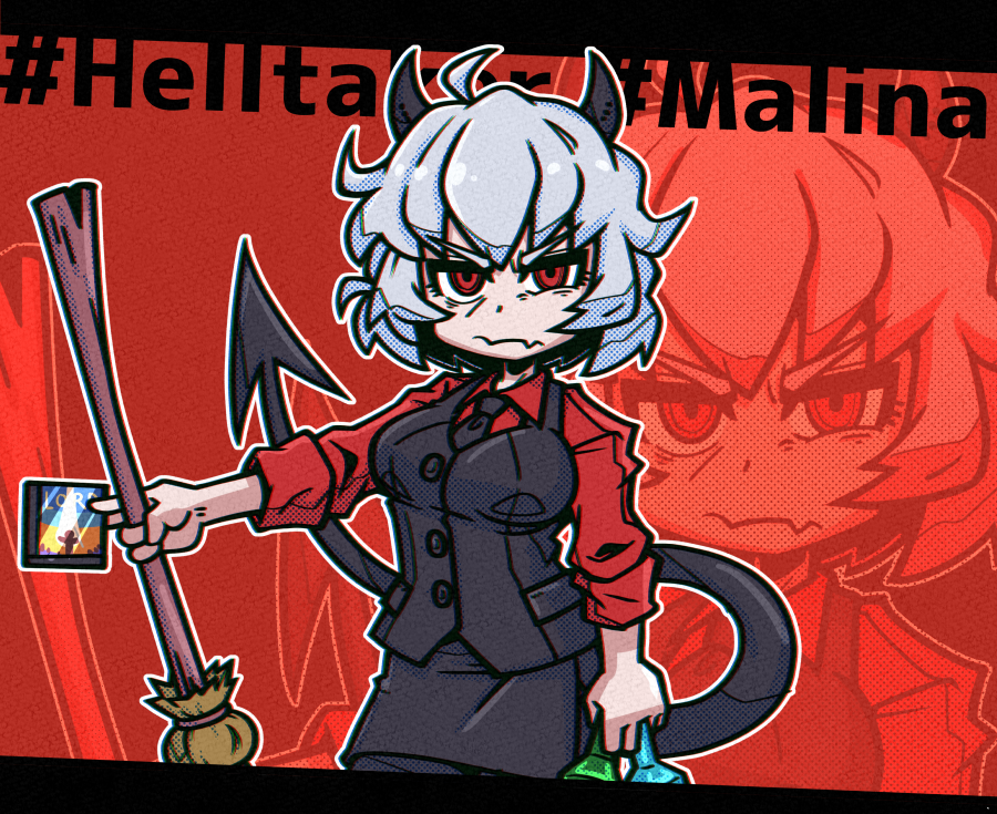 1girl ahoge black_neckwear breasts character_name chromatic_aberration collared_shirt copyright_name demon_girl demon_horns demon_tail eyebrows_visible_through_hair helltaker horns large_breasts long_sleeves looking_at_viewer malina_(helltaker) messy_hair necktie red_eyes red_shirt setter_(seven_stars) shirt short_hair solo tail white_hair