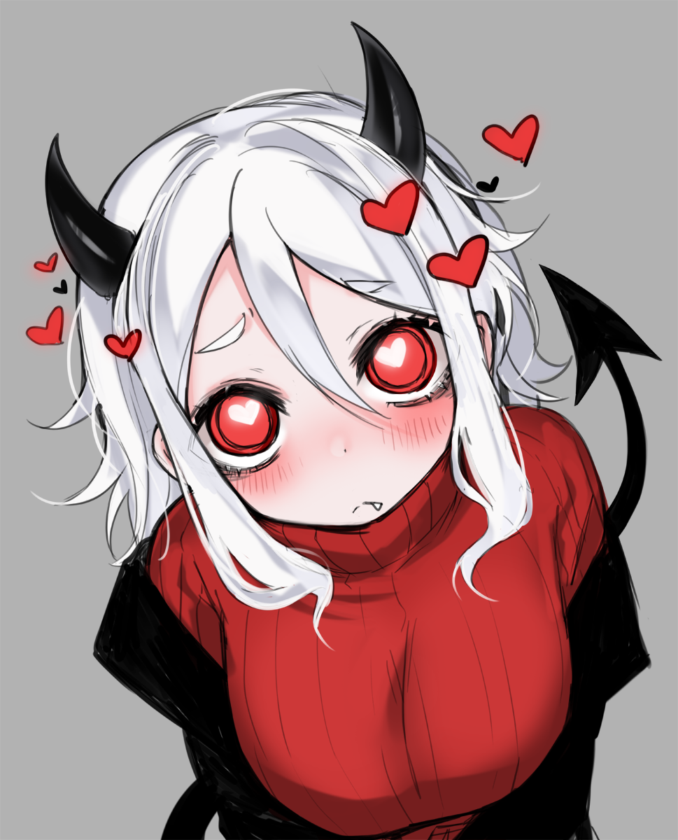 1girl bangs blush breasts commentary demon_girl demon_tail eyebrows_visible_through_hair fang fang_out grey_background hair_between_eyes head_tilt heart heart-shaped_pupils helltaker highres horns large_breasts looking_at_viewer modeus_(helltaker) ompf red_eyes red_sweater simple_background solo sweater symbol-shaped_pupils tail upper_body white_hair