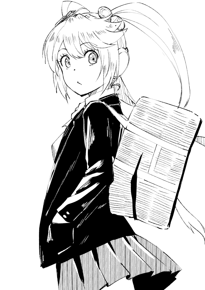 1girl bag closed_mouth cowboy_shot from_side greyscale hands_in_pockets inside-chan_mk.ii inside-games_(media) ishii_hisao jacket looking_at_viewer looking_to_the_side monochrome pleated_skirt school_bag shoulder_bag simple_background skirt solo twintails white_background