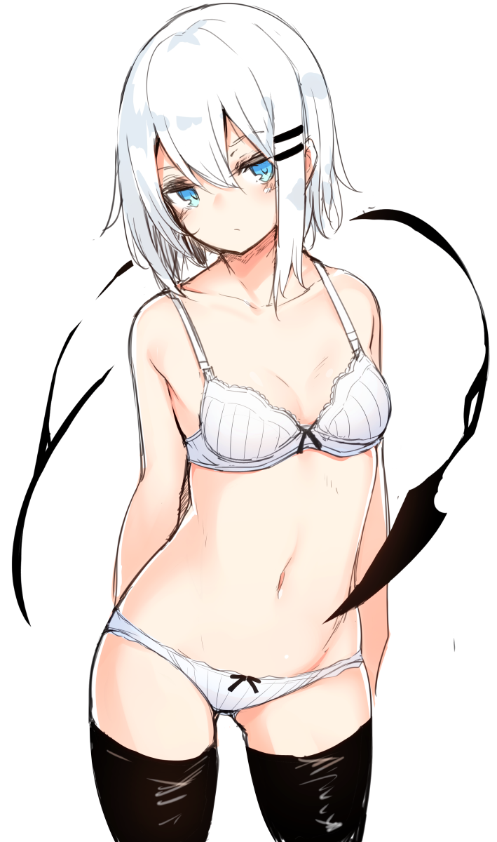 1girl black_legwear blue_eyes blush bra hair_between_eyes hair_ornament hairclip highres looking_at_viewer navel original otokuyou panties ringo-chan_(otokuyou) short_hair simple_background solo thigh-highs underwear underwear_only white_background white_bra white_hair white_panties