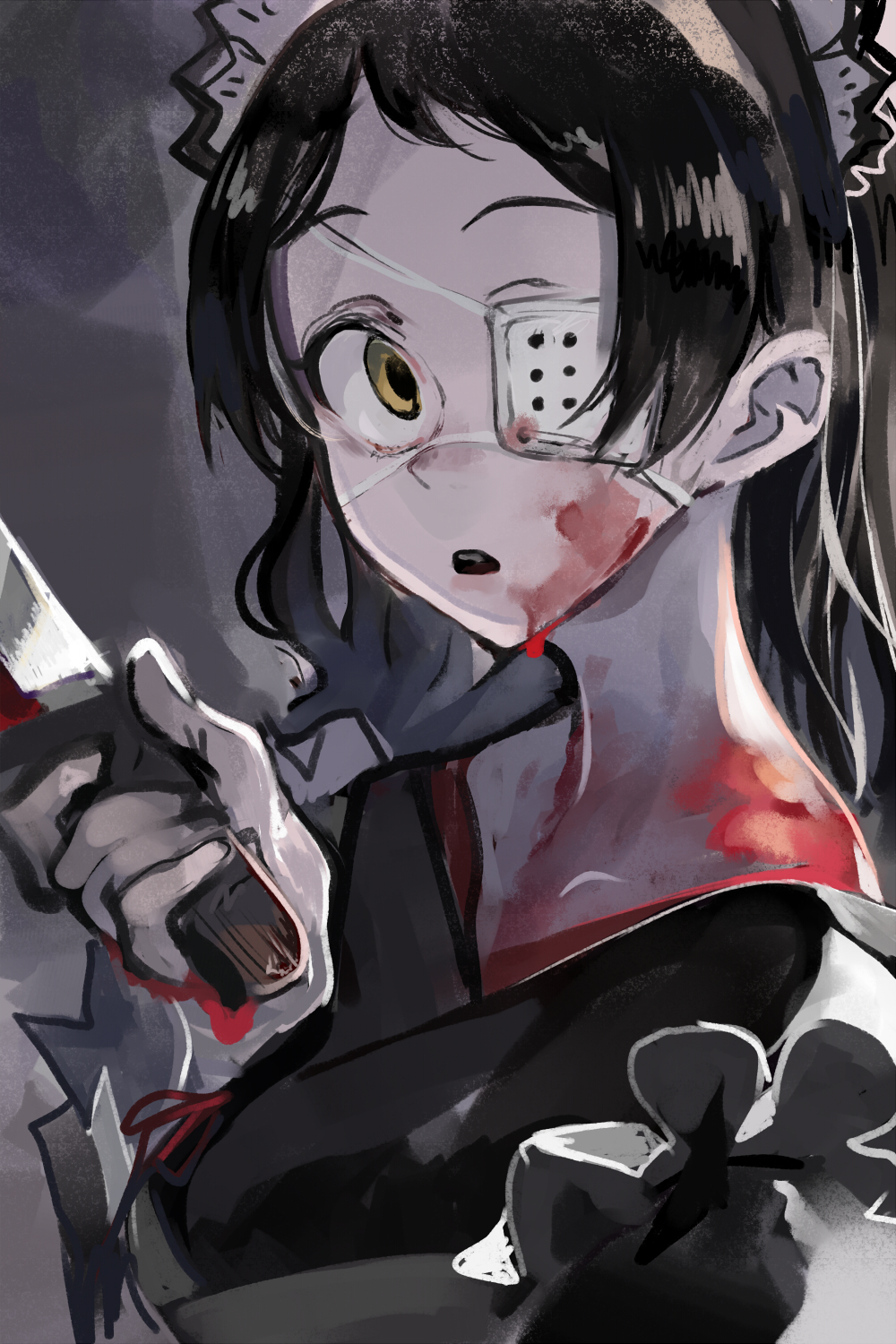 1girl black_hair black_lilith_(last_origin) breasts code-aa eyepatch highres holding holding_knife idolmaster idolmaster_million_live! idolmaster_million_live!_theater_days japanese_clothes kimono kitazawa_shiho knife looking_at_viewer maid open_mouth solo wa_maid yellow_eyes
